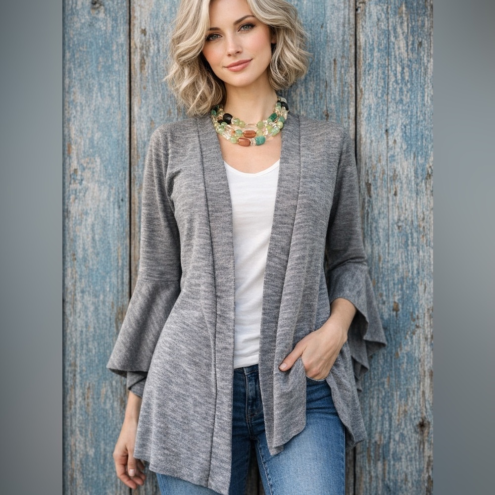 LC Lauren Conrad Heather Grey Open Front Bell Sleeve Flaired Cardigan Size S